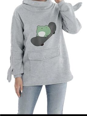 Gray Pullover Hoodie with Skateboarding Frog Graphic